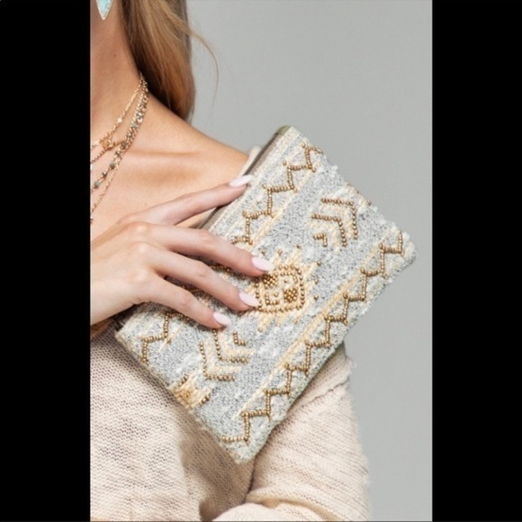 Boho Beaded Handmade Diamond Patterned Wristlet Clutch - Picture 5 of 6